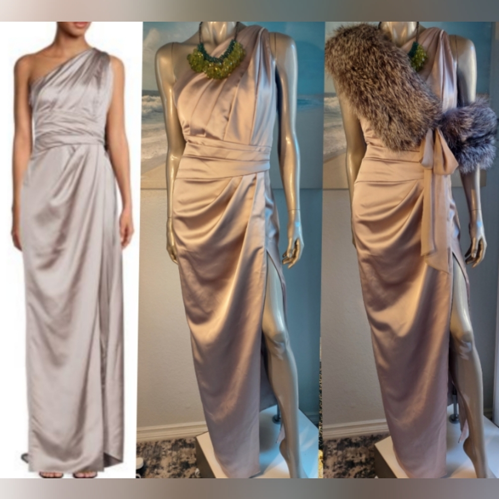 $3,740 NEW PAMELLA ROLAND SILK OYSTER RUNWAY LONG GOWN US 12